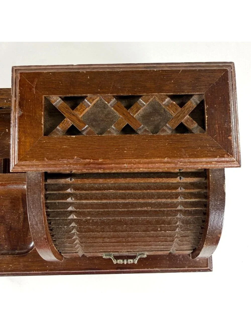 Vintage Men's Dresser Top Wooden Valet Jewelry Box Roll-Top Change Tray